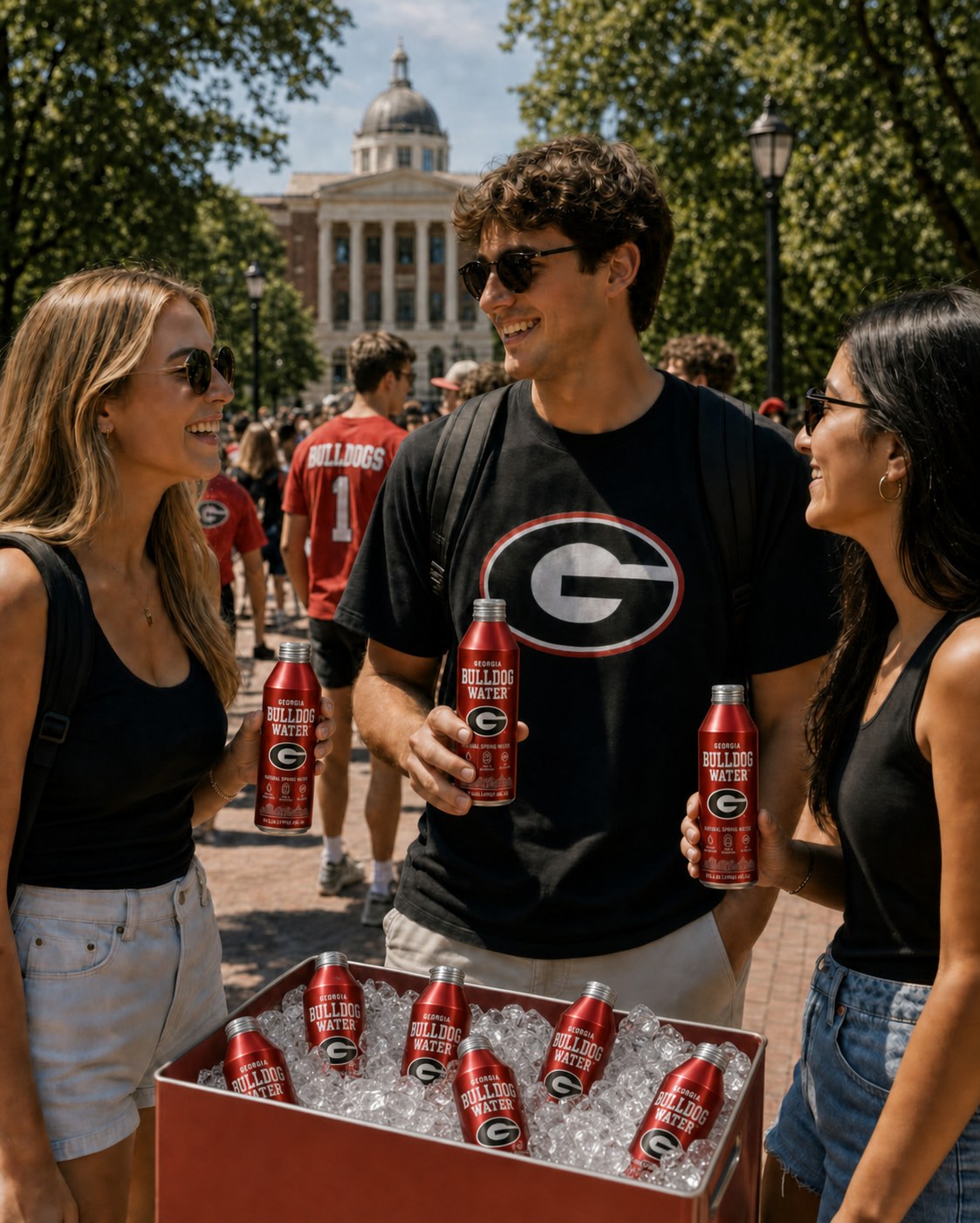 University of Georgia students on the Athens campus holding Bulldog Water