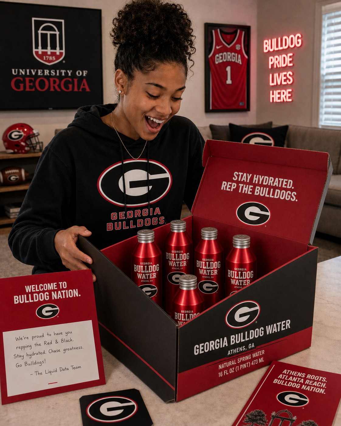 A University of Georgia student opening a Bulldog Water Welcome Kit — a full case of 16 oz cans, a coaster, and a note from the program